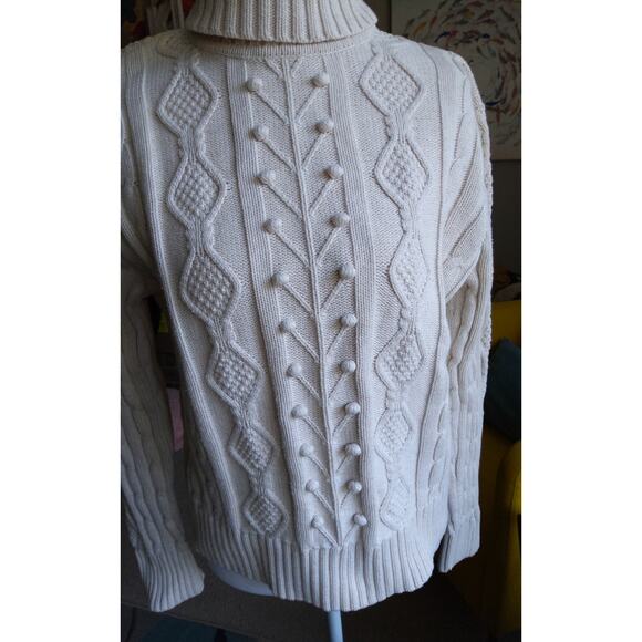 Womens Cozy cable knit pullover sweater cream, Turtleneck wool cotton blend sz M - Picture 3 of 5